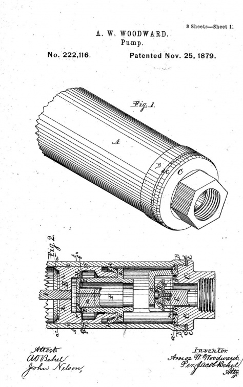 Amos Woodward pump patent 222,116, circa 1879.